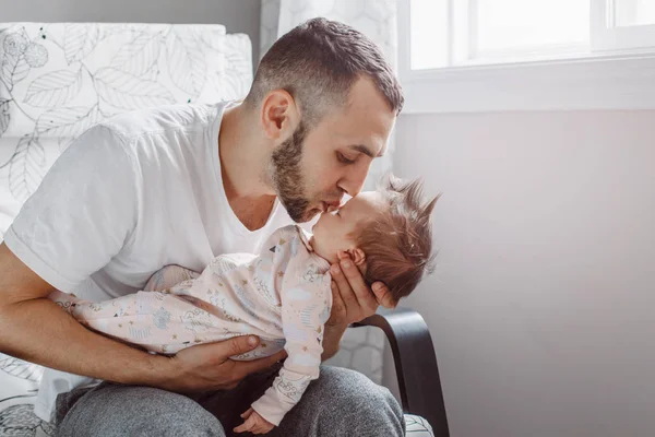 Caucasian Father Sitting Armchair Newborn Baby Girl Parent Holding Kissing — Stock Photo, Image