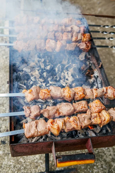 Närbild Makro Rostad Marinerad Kött Grill Shish Kebab Shashlik Stål — Stockfoto