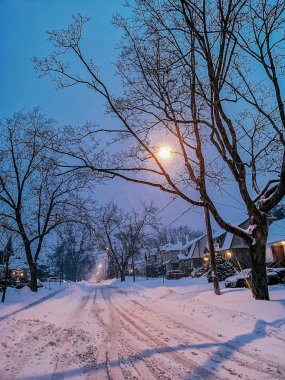 Gece geç saatlerde açık kış kenti Toronto manzara manzara. Binalar, evler, ağaçlar, yollar ve sokaklar karla kaplı. Yoğun kar fırtınası doğal afet felaketi. 