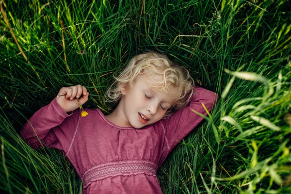 Smiling Sleeping Dreaming Caucasian Girl Closed Eyes Lying Grass Holding — Stock Photo, Image