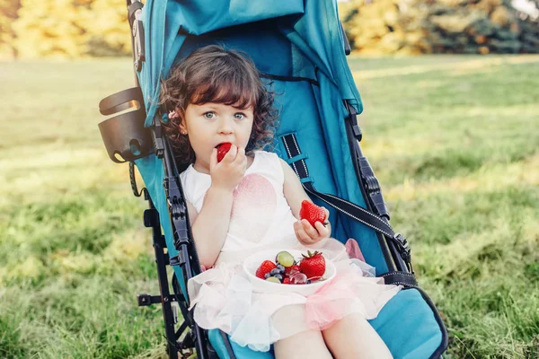 可爱可爱的白种人蹒跚学步的小女孩坐在外面的婴儿车里吃浆果 有趣的孩子在户外吃健康的小吃 夏天给孩子们吃美味的手指食物 — 图库照片