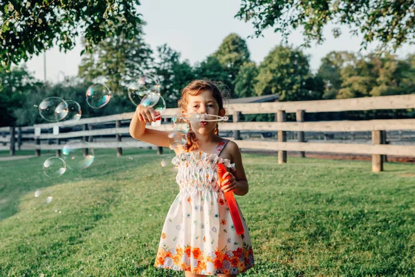 夏の日没時に公園で石鹸の泡を吹く面白い幼稚園の白人の子供の女の子の率直な肖像画 本物の本物の幸せな子供時代の瞬間 ライフスタイルの子供の活動 フィルムフィルターでトーン — ストック写真