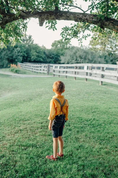 Pequeno Menino Caucasiano Pré Escolar Camisa Amarela Calções Ganga Com — Fotografia de Stock