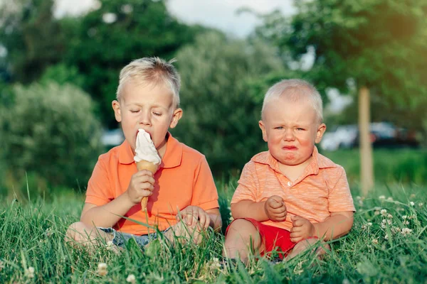 Δύο Καυκάσιοι Αστεία Παιδιά Αγόρια Κάθονται Μαζί Τρώγοντας Ένα Παγωτό — Φωτογραφία Αρχείου