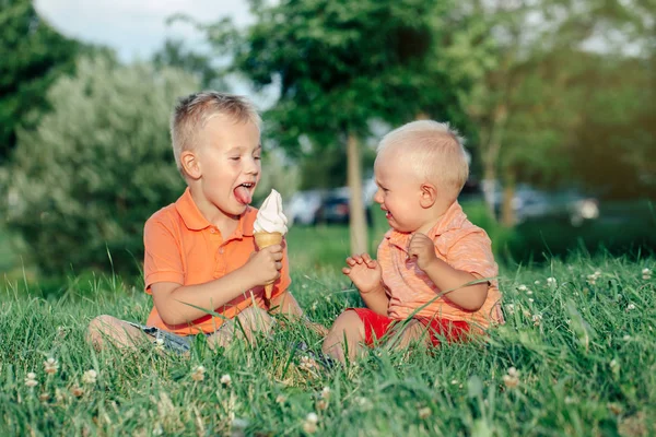 两个白人有趣的孩子男孩兄弟姐妹坐在一起吃共享一个冰淇淋 蹒跚学步的婴儿在哭 哥哥在戏弄他 爱羡慕嫉妒兄弟友谊 — 图库照片