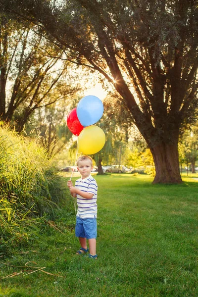 Cute Adorable Little Caucasian Boy Toddler Child Colorful Balloons Park — Stock Photo, Image
