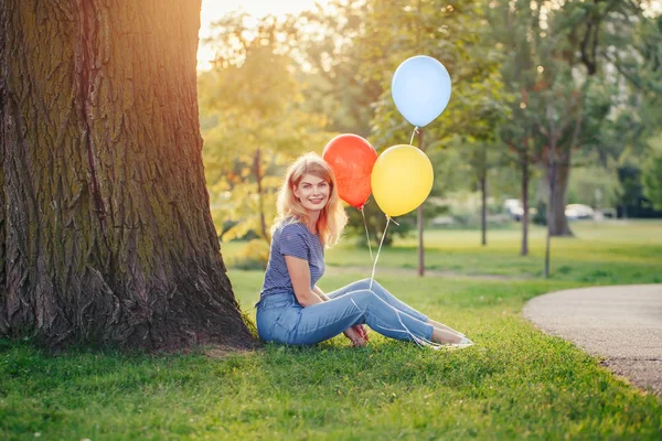 Beautiful Young Blonde Smiling Caucasian Woman Girl Colorful Balloons Sitting — Stock Photo, Image