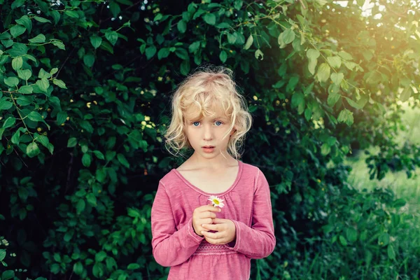 Portré Aranyos Szép Szőke Kaukázusi Lány Piros Rózsaszín Ruhában Gazdaság — Stock Fotó