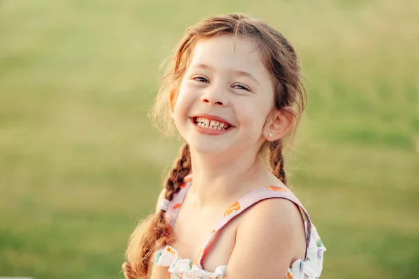 Closeup Portrait Funny Cute Adorable Smiling Laughing Caucasian Preschool Girl — Stock Photo, Image