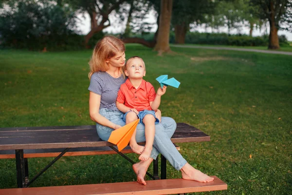 Dreaming Future Mom Son Playing Colored Paper Airplanes Caucasian Mother — Stock Photo, Image