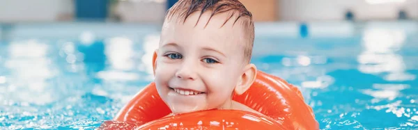 Portrait White Caucasian Child Swimming Pool Preschool Boy Training Float — Stock Photo, Image