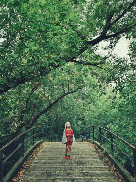 Retrato Una Linda Niña Preescolar Adorable Caminando Parque Puente Aire — Foto de Stock