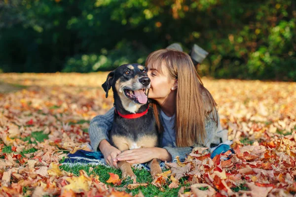 美丽而快乐的白人年轻女子的画像躺在秋天的黄叶间 抱着她的宠物狗 最好的朋友在户外玩的开心 与家畜的友谊 — 图库照片