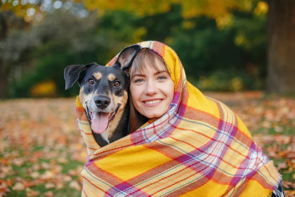 Kvinna Insvept Yllefilt Med Hund Höstens Höstpark Vacker Glad Ung — Stockfoto