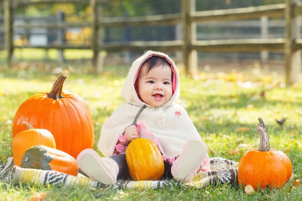 Portret Van Schattig Grappig Aziatisch Chinees Meisje Zittend Het Najaar — Stockfoto