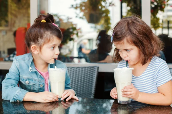 Dos Graciosas Hermanas Preescolares Caucásicas Beben Batidos Leche Cafetería Amigos — Foto de Stock