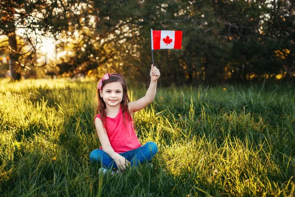 Adorable Cute Happy Caucasian Girl Holding Canadian Flag Smiling Child — Stock Photo, Image
