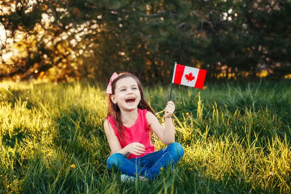 Adorable Cute Happy Caucasian Girl Holding Canadian Flag Smiling Child — Stock Photo, Image