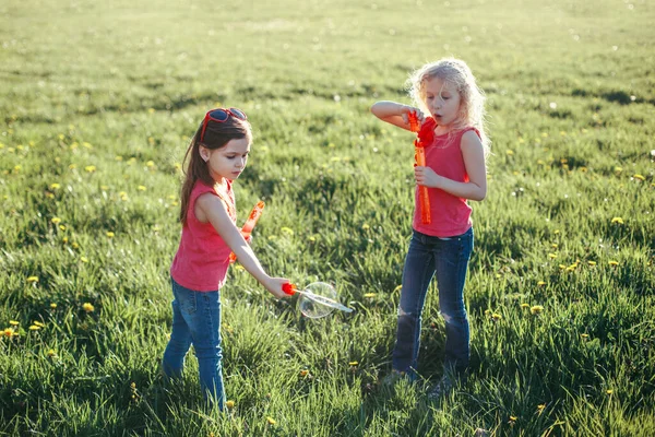 Поймай Пузырь Девушки Друзья Раздувают Мыльные Пузыри Парке Летний День — стоковое фото