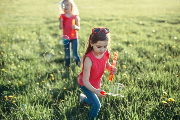 Спіймати Бульбашку Дівчата Друзі Дме Мильні Бульбашки Парку Літній День — стокове фото
