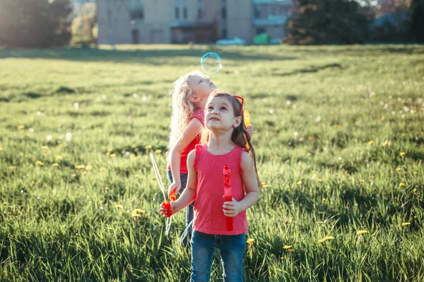 Fånga Bubbla Flickvänner Blåser Såpbubblor Parken Sommardagen Barn Som Har — Stockfoto