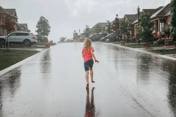 Cute Adorable Girl Running Splashing Rain Street Road Child Having — Stock Photo, Image