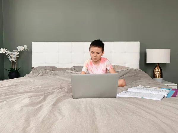 Caucasian Boy Child Sitting Bed Learning Online Laptop Internet Virtual — Stock Photo, Image