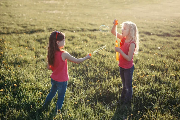 Поймай Пузырь Девушки Друзья Раздувают Мыльные Пузыри Парке Летний День — стоковое фото
