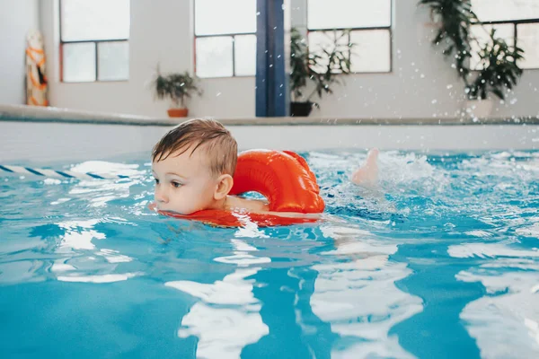 Cute Caucasian Child Boy Swimming Pool Red Float Ring Preschool — Stock Photo, Image