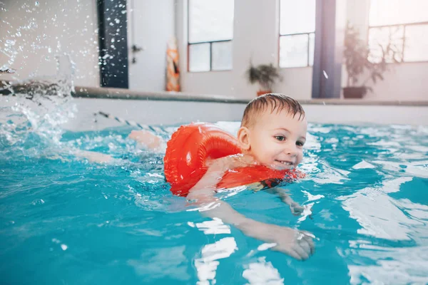 Cute Caucasian Child Boy Swimming Pool Red Float Ring Preschool — Stock Photo, Image