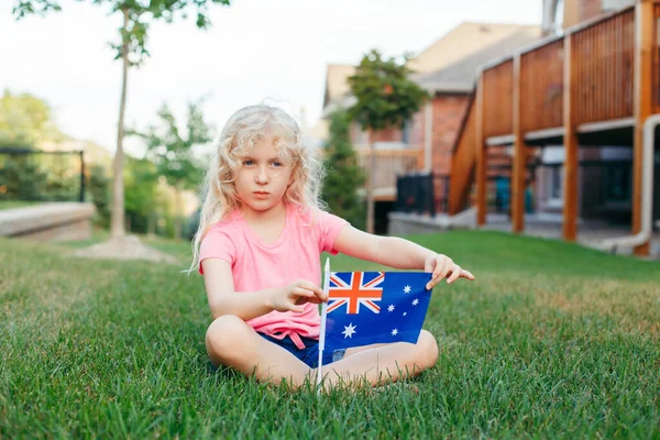 Adorable Cute Happy Caucasian Girl Holding Australian Flag Smiling Child — Stock Photo, Image