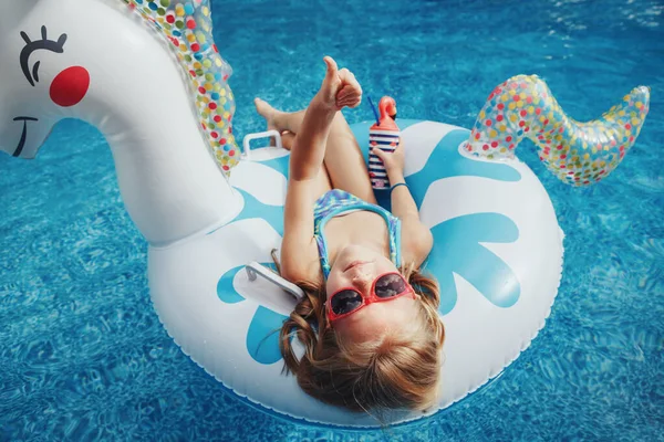 Cute Adorable Girl Sunglasses Drink Lying Inflatable Ring Unicorn Kid — Stock Photo, Image