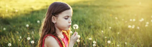 Linda Adorable Chica Caucásica Soplando Dientes León Niño Sentado Hierba —  Fotos de Stock