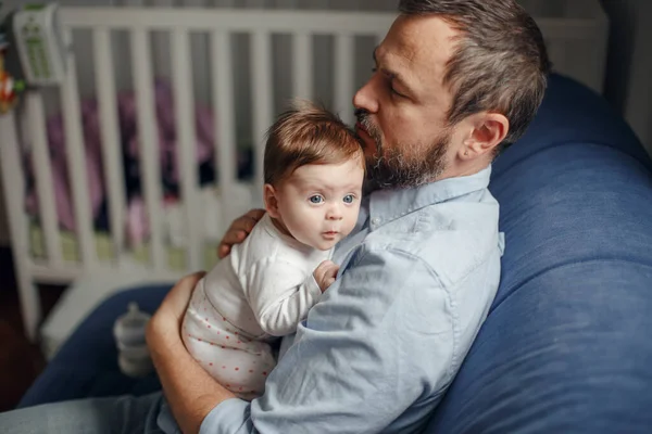 Middle Age Caucasian Father Hugging Newborn Baby Male Man Parent — Stock Photo, Image