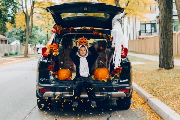 Trick or trunk. Child boy celebrating Halloween in trunk of car. Kid with red carved pumpkin celebrating traditional October holiday outdoor. Social distance and safe alternative celebration.