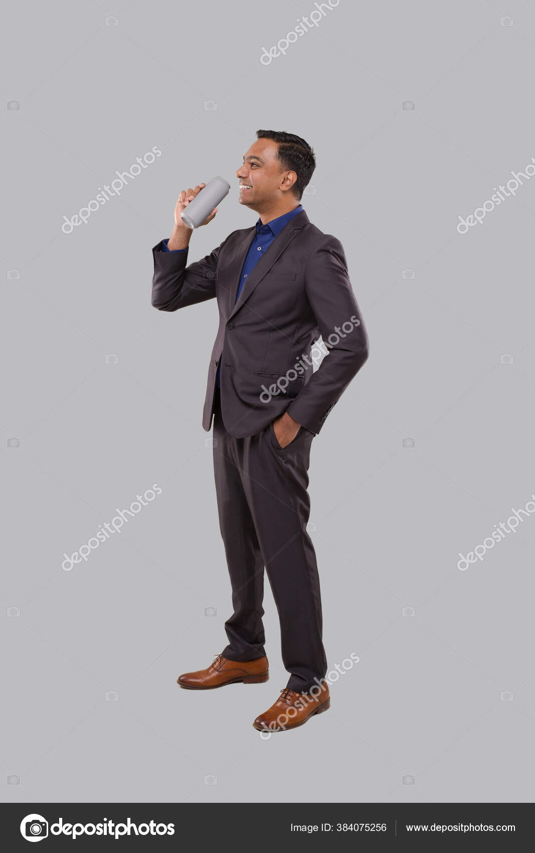Businessman Drinking Beer Tin Can Indian Businessman Standing Full