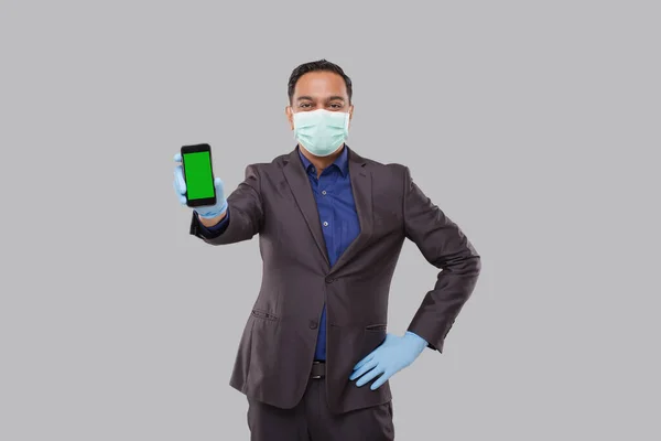 Businessman Showing Phone Wearing Medical Mask Gloves Indian Business Man — Stock Photo, Image