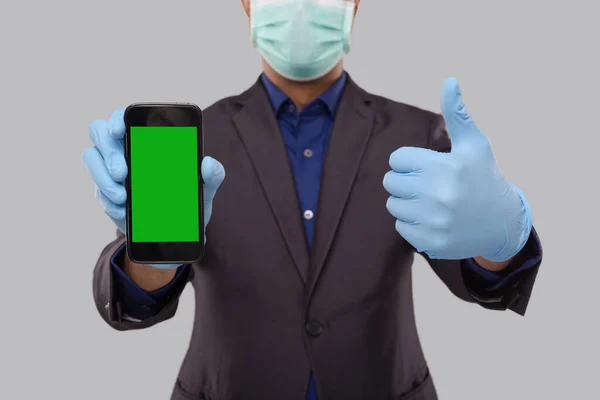 Businessman Showing Phone Thumb Wearing Medical Mask Gloves Indian Business — Stock Photo, Image