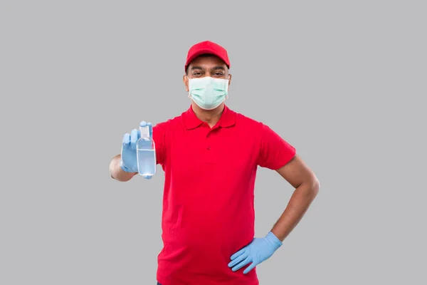 Παράδοση Άνθρωπος Εμφάνιση Χέρια Sanitizer Φορώντας Ιατρική Μάσκα Και Γάντια — Φωτογραφία Αρχείου