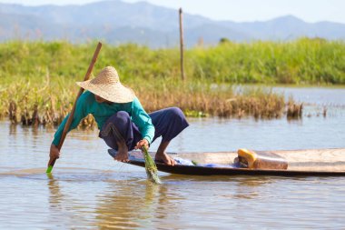 Inle Gölü, Myanmar - 30 Kasım 2014: Balıkçı Inle Gölü içinde zaman balıkçılık, Myanmar içinde hareket