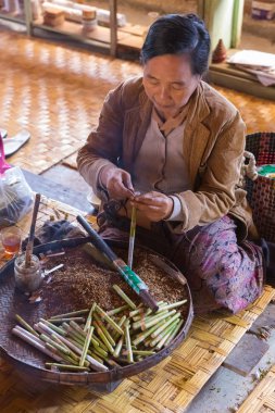 Inle Gölü, Myanmar - 01 Aralık 2014: kadın el sanatları Atölyesi Inle Gölü, Myanmar olarak Nam Pam Köyü'nde geleneksel cheroot puro haddeleme