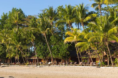 Ngapali, Myanmar - 02 Aralık 2014: Ngapali plaj beyaz kum, mavi gökyüzü ve palmiye ağaçlarıyla, Myanmar