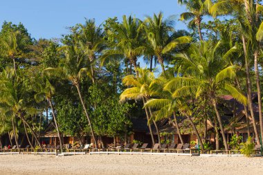 Ngapali, Myanmar - 02 Aralık 2014: Ngapali plaj beyaz kum, mavi gökyüzü ve palmiye ağaçlarıyla, Myanmar