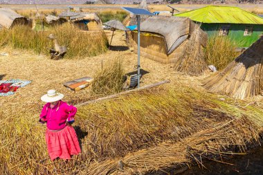 Puno, Peru - 27 Eylül 2018: Peru 'daki Peru ile Bolivya sınırı arasındaki Titikaka Gölü' nde Uros Yüzen Adaları