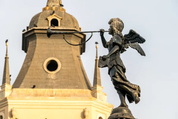 View of a statue in the historical central square of Lima, Peru