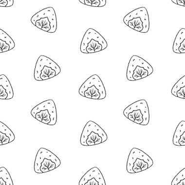 Perilla yaprağı onigiri çizgisi sanat vektörü kusursuz desen. Suşi baskısı, ambalaj tasarımı, arka plan. Vektör illüstrasyonu