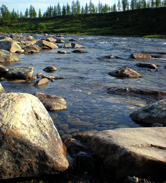 Mountain river, rocks and river current in the Russian north.