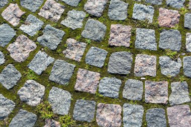 Yeşil çimlerin üzerinde düz kare gri taşlar mozaik. Farklı şekillerde kesilmiş engebeli taşlar. Yatay kaya desenli duvar kağıdı. Çamurlu kaldırım taşları yüzeyi. Yaşlanmış granit yapı.