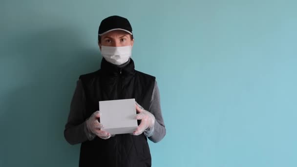 Delivery Woman Courier Black Uniform Protective Medical Mask Disposable Gloves — Stock Video