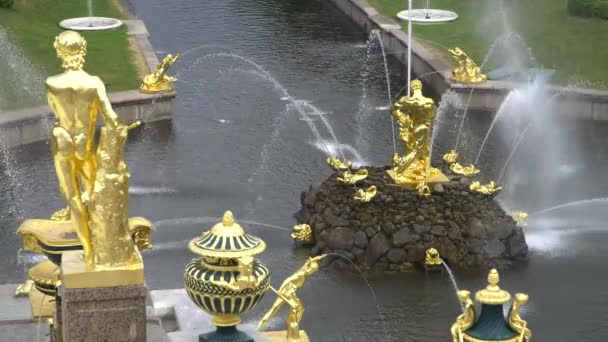 Grande cascata, famosas fontes Petergof Em São Petersburgo, Rússia. Vista do Palácio . — Vídeo de Stock